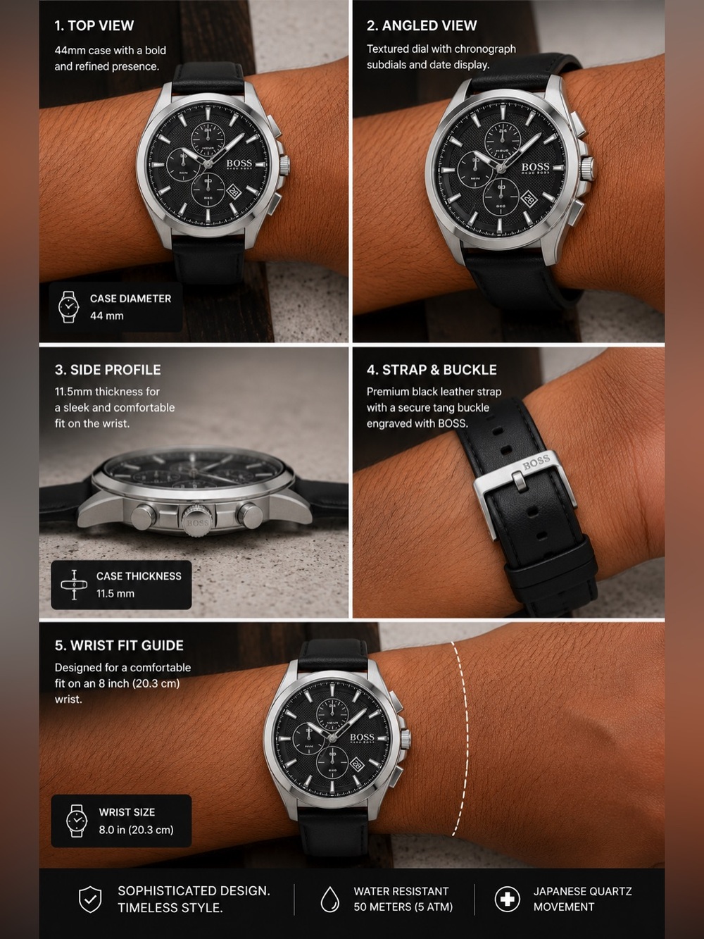 Hugo Boss Grandmaster Chronograph Black Dial Black Leather Strap Watch | 46mm
